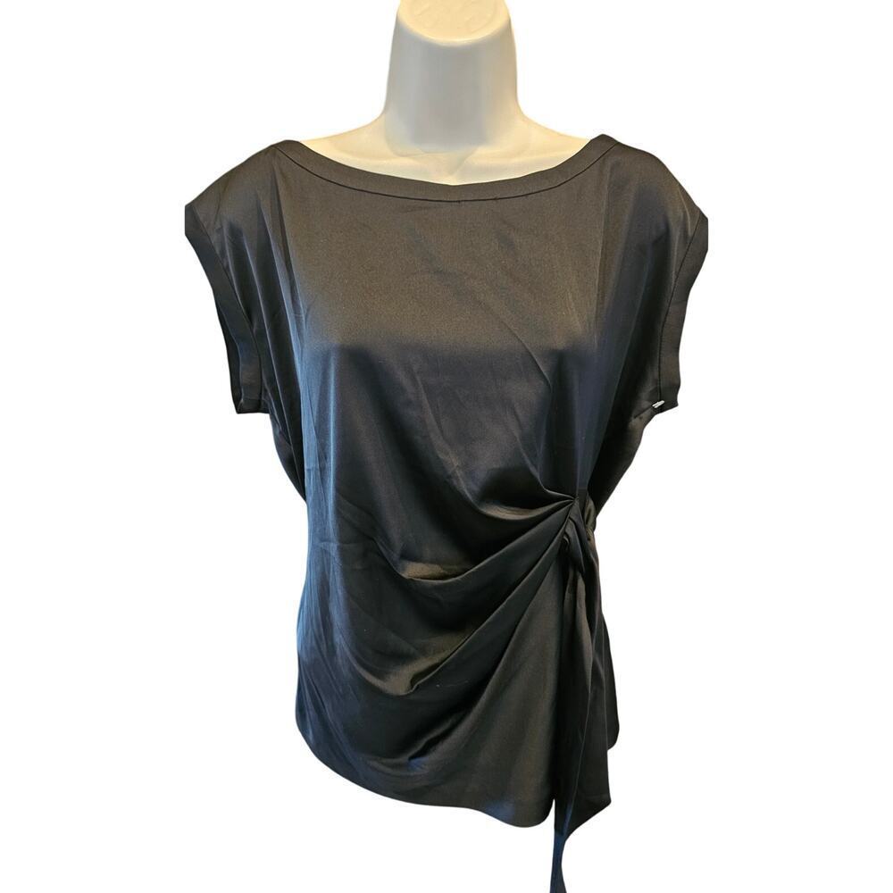 NWT Cynthia Steffe Satin Top classy black wide neck M business career casual NEW